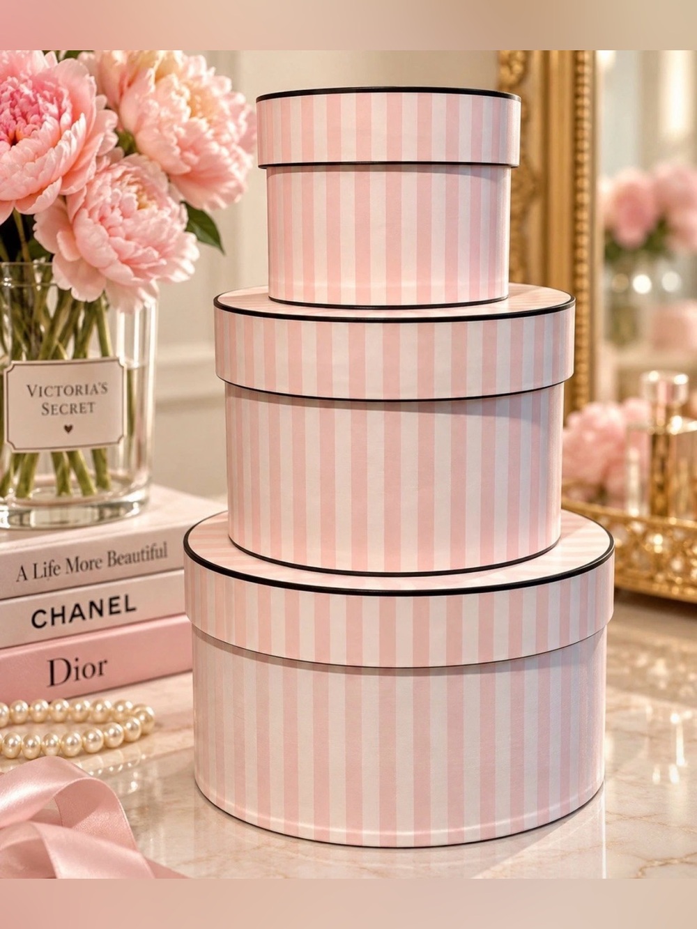 VICTORIA'S SECRET HAT BOXES DISPLAY PROPS PINK WHITE ICONIC STRIPPED DESIGN